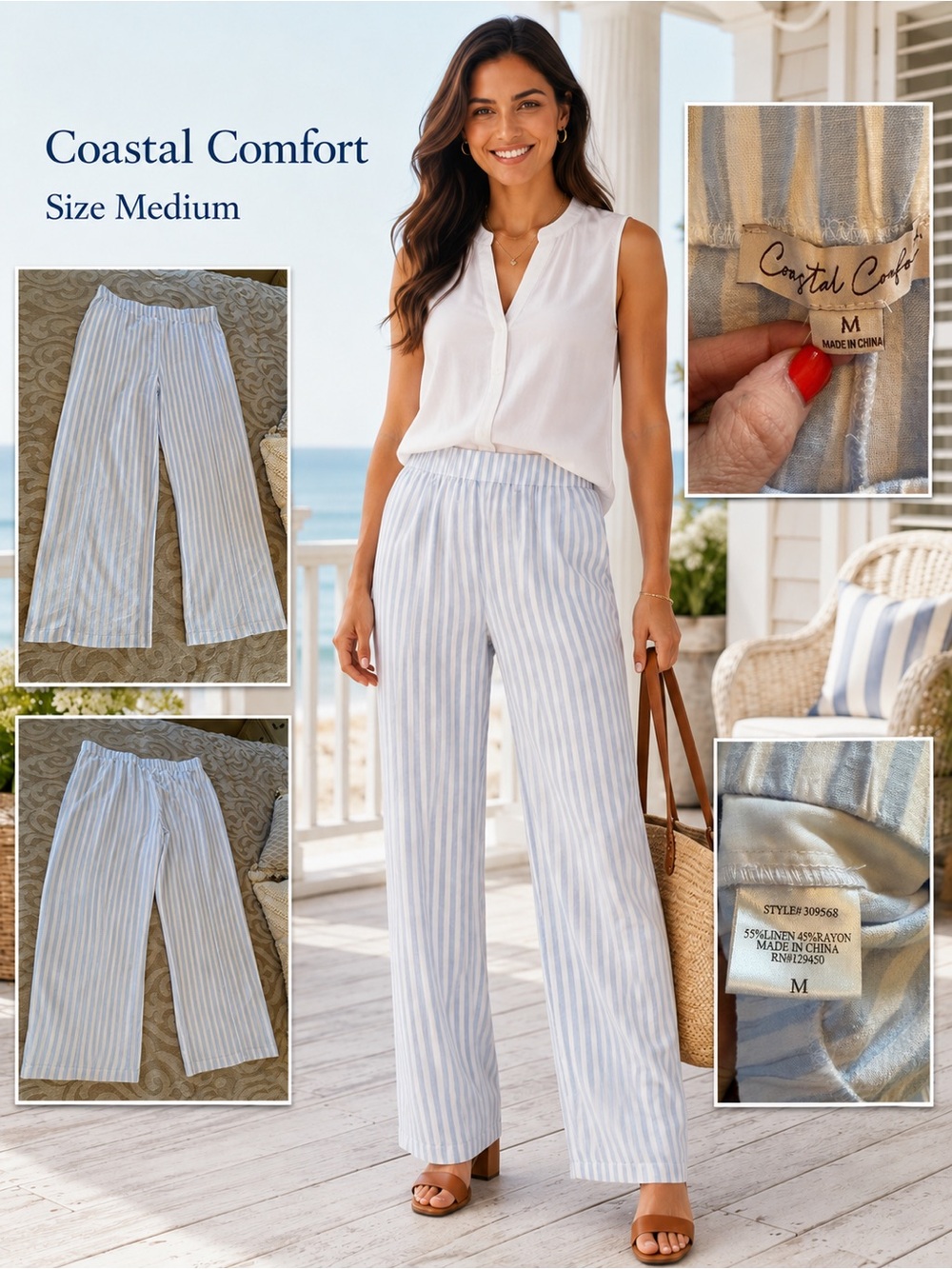Coastal Comfort Blue White Striped Linen Blend Wide Leg Pants M - Picture 2 of 14